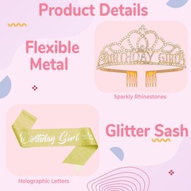 Queenship Birthday Tiara Crown with Sash for Women, Birthday Sash for Adult Women Queen Party Gold