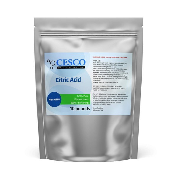 Cesco Solutions Citric Acid 100% pure, NON-GMO, anhydrous. Stand-up Resealable Pouch. Ideal for Household cleaning, Bath bomb and beauty DIY(10 lbs)