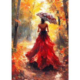 MXJSUA Umbrella Woman Diamond Painting Kits for Adults, 5D Autumn Forest Diamond Art Kits for Beginners, DIY Full Drill Crystal Gem Painting Kits for Home Wall Decor 30x40 cm