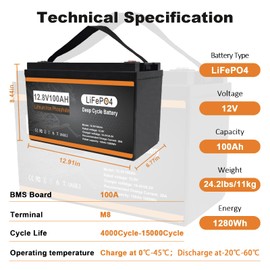 DJLBERMPW 12V 100Ah LiFePO4 Lithium Battery, BCI Group 31 Deep Cycle Marine Battery, Lithium Batteries Built-in 100A BMS 1280Wh& 10-Year Lifespan for RV,Solar,Golf Cart,Kayak,30-70 Ibs Trolling Motor