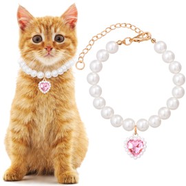 Mxxipp Cat Pearl Collar with Heart Pendant, Cute Pearl Pet Necklace in Medium, Adjustable Wedding Party Small Dog Jewelry Accessories for Puppy Kitten- Pink