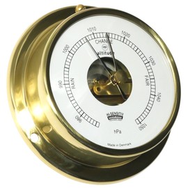 Altitude Barometer Polished Brass, PMMA Acrylic Glass, Accuracy +/-7hPa, Diameter 97 mm, Made in Denmark