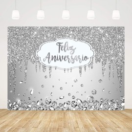 AIBIIN 7x5ft Feliz Aniversario Backdrop Mexican Happy Anniversary Party Decorations Diamonds Silver Photography Background Cheers to Wedding Anniversary Banner