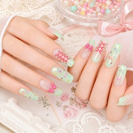 Mint Corset Handmade Nail Tips - Coffin Egg / 민트 코르셋 수제네일팁 - 코핀에그