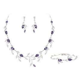 Ever Faith Wedding Party Jewelry Set for Women, Sparkly Cubic Zirconia Pear-Shaped Birthstone Leaf Necklace Tennis Bracelet Earrings Set for Prom Purple Silver-Tone