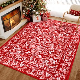HUGEAR Christmas Large Area Rug 6x9 Living Room Rug Machine Washable Rugs Low Pile Carpet Indoor Door Mat Red/White Non-Slip Christmas Deer Rug for Bedroom Kitchen Dining Bathroom