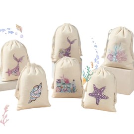 Mermaid Gift Party Favor Bags| Linen Bags Set of 6| Little Mermaid Party supplies Decorations for treats.