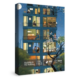 Cozy City Building Puzzle for Adults 1000 Piece, Relax Night Light Scenic Jigsaw Puzzle, Spring Cherry Blossom Tree Puzzle as Home Decor