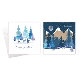 10 Luxury Christmas Cards Assorted Pack, Festive Scenes - Christmas Send a Greeting Card Class Children/Friends/Family Silver/Blue Reindeers/trees forest