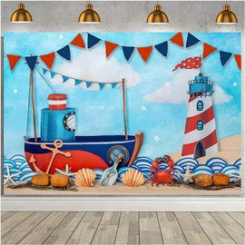 Blue Wooden Nautical Backdrop Summer Nautical Holiday Photography Backdrops Seashells Sailing Ship Wheel Helm Lighthouse Starfish Summer Party Photography Background Baby Shower Background(7X5FT)