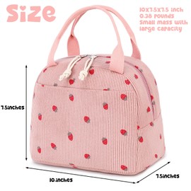 Bluboon Lunch Bag for Women Men Cute Corduroy Lunch Tote Bags Reusable Insulated Lunch Box Large Capacity Reusable Insulated Cooler for Work Picnic or Travel (Corduroy strawberry pink)