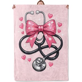 Nurse Blanket Gifts for Women Girls Kids, Soft Warm Lightweight Pink Bow Stethoscope Medical Throw Blankets for Living Room Sofa Home Bedroom Decor 50" x 60"