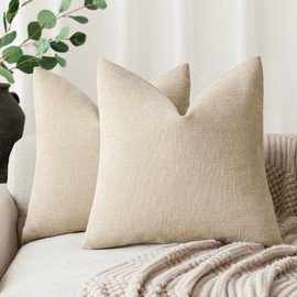 Foindtower Pack of 2 Soft Textured Throw Decorative Pillow Covers Square Accent Solid Cushion Cover Cozy Neutral Farmhouse Pillow Case for Couch Sofa Bedroom Living Room 18x18 Inch, Beige