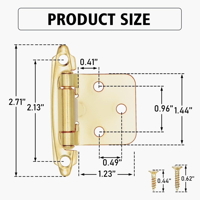 Gold Kitchen Cabinet Hinges 1/2" Overlay, 50 Pack (25 Pairs)
