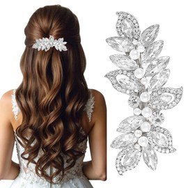 LunarCharm Rhinestone Hair Clips with Pearl, Silver Bridal Hair Accessories for Women, Sparkling Crystal Hair Pins, Leaf-Shaped Hair Clips for Weddings, Brides, Long Hair