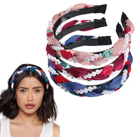 3 PCS Knotted Alice Band for Women Crinkle Twist-Front Hair Hoops with Faux Pearl Knot Wide Headdress fits for Girls Women Hair Accessories