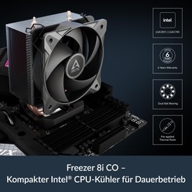 ARCTIC Freezer 8i CO - Compact CPU Cooler for Intel for Continuous Operation, Intel LGA1851 & LGA1700, 100 mm PWM Fan, Pre-Applied MX-6 Thermal Paste, Double Ball Bearing