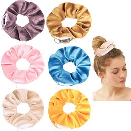 Women Premium Velvet Scrunchie with zipper pouch hair ties Ropes secret zipper pocket scrunchies Tie Hidden Pocket scrunchies Hair Bands Soft Stash Hair Elastic Ties for Vsco Girl Stuff Scrunchies (6 Pcs D)