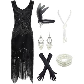 1920s Gatsby Sequin Fringed Paisley Flapper Midi Dress with 20s, Black, Size Large