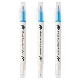 Pentel SESW30C-T110E Brush Sign Pen Twin Fibre Tip Pen - Double Ended - Water-based Ink - Pack of 3 - Sky Blue