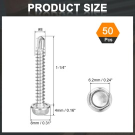 uxcell 50Pcs #8 x 1-1/4" Self Drilling Screws, 410 Stainless Steel Self Tapping Screws for Metal, Hex Washer Head Sheet Metal