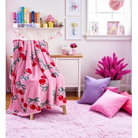 Velvety Soft Fruit Fleece Throw Blanket: Pink Red White Cherry Cherries with Bow Design Cozy Velvet Plush Blanket for Kids and Adults
