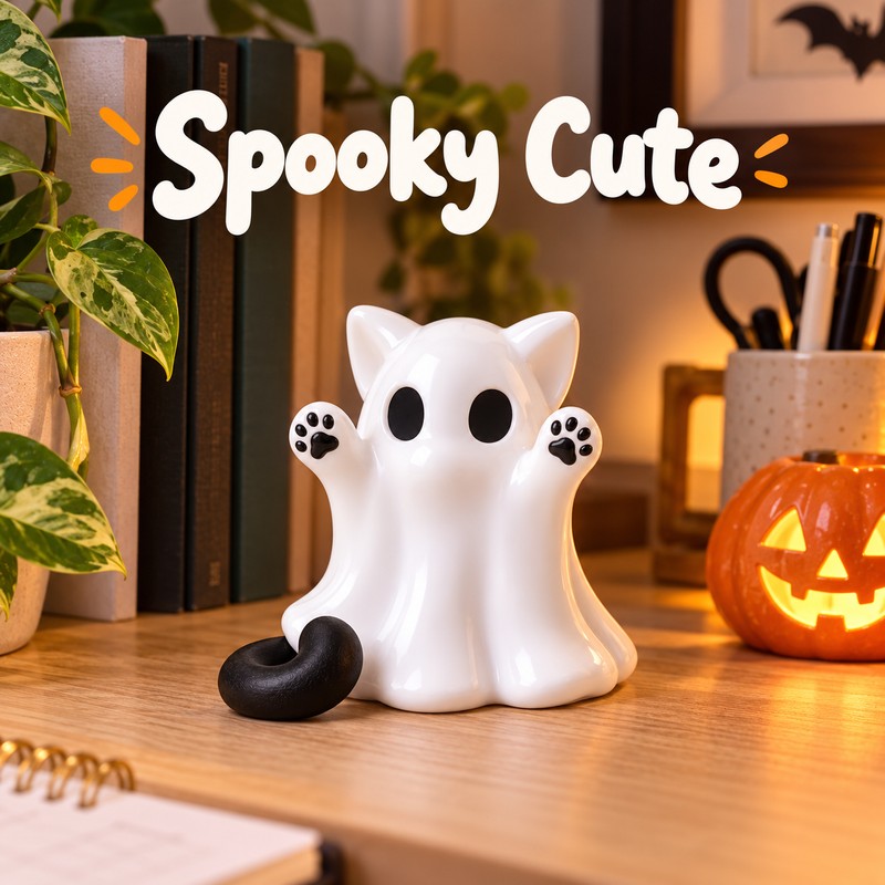 Mini Kitten Ghost Figurine for Halloween Decor – Cute Plastic