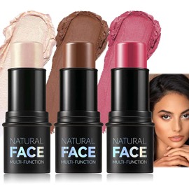 3Pcs Contour Stick Blush & Bronzer Stick - Cream Highlighter for Cheeks Eyes Lips,Blendable Waterproof Long-Lasting Makeup for All Skin Types, Perfect for Effortless Face Makeup
