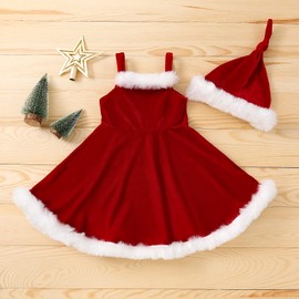 MBMSHEGH Toddler Baby Girls Christmas Dress Fluffy Stitching Spaghetti Strap Sleeveless Slip Dress+Knotted Santa Hat Outfits (A-Red, 2-3 Years)