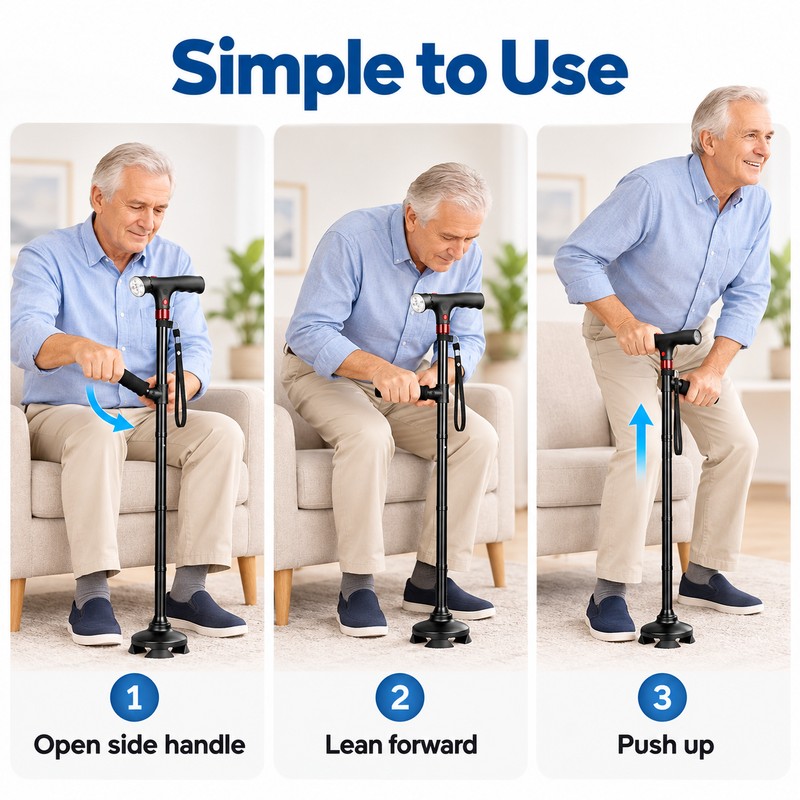 Adjustable Folding Walking Cane for Seniors – LED Light, SOS