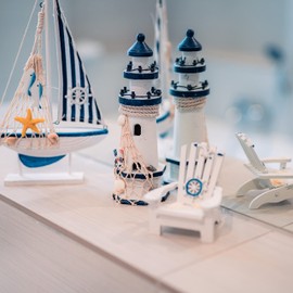 Flanacom Maritime Bathroom Decoration, Set of 3: Lighthouse, Sailing Ship and Beach Chair Made of Wood, Lovingly Designed Bathroom Accessories with Details