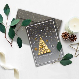 15 x Christmas Card Set DIN A6 in Grey with Gemstone Christmas Tree Motif, Folding Cards with Matching Envelopes DIN C6 in Grey, Christmas Greetings for Companies and Private Use
