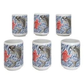 Ebros Gift Pack Of 6 Porcelain Yin Yang Red Black Koi Fishes By Waterfall Yunomi Tea Cups