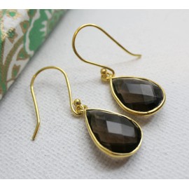 Smoky Quartz Teardrop Shape Gold Plated Sterling Silver Earrings