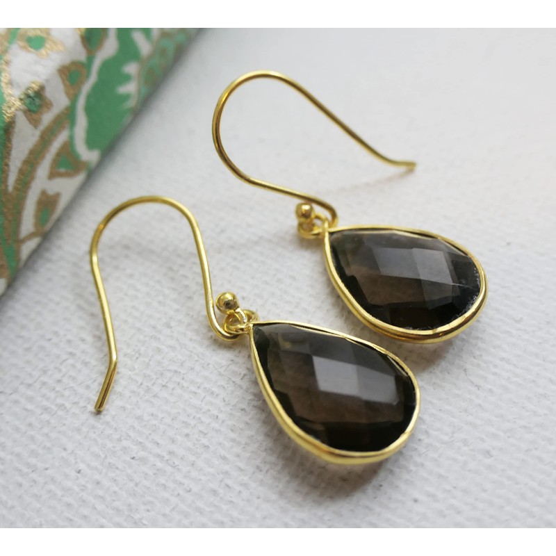 Smoky Quartz Teardrop Shape Gold Plated Sterling Silver Earrings