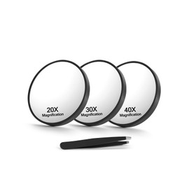 Macaki 20X&30X&40X Magnifying Mirror Suction Cup, 3.5 in Small Magnified Mirror with Tweezers, Black, Set of 3