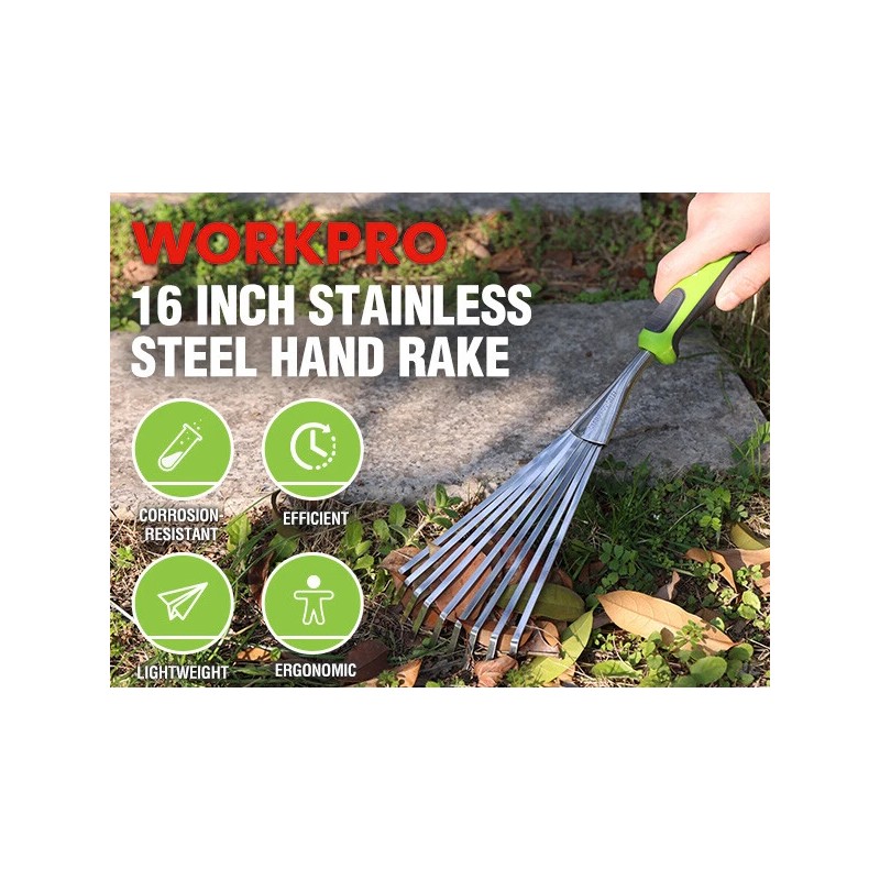 WORKPRO 16" Hand Rake Heavy Duty Stainless Steel Garden Rake