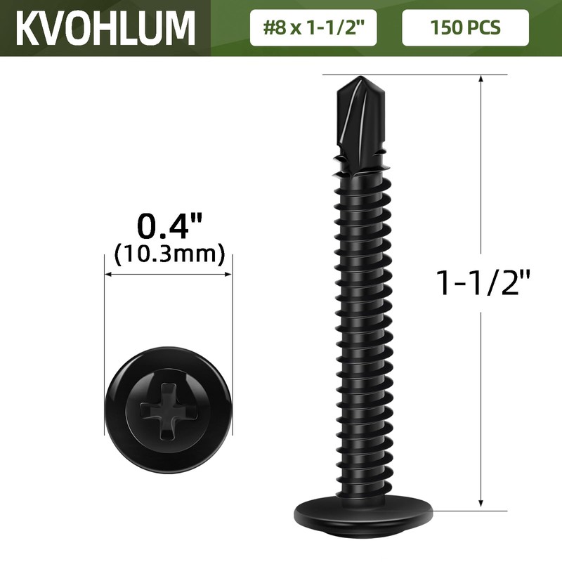 #8 x 1-1/2" (150 PCS) Black Fast Self Tapping Screws,