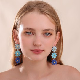 RUOFFETA Raffia Daisy Flower Earrings, Raffia Straw Wrapped Daisy Drop Dangle Earrings Summer Tropical Beach Jewelry(Blue Ombre)