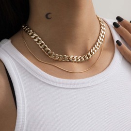 Zeshimb Gold Cuban Link Choker - Layered Snake Chain Necklace - Chunky Curb Link Chain - Hip Hop Jewelry for Women
