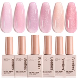 Beetles Pink Glitter Gel Polish Set - 6 Colors Jelly Gel Polish Kit Shimmer Pink Sheer Translucent Effect Soak off UV Nail Concealer Summer French Nail Art Salon Manicure Gift for Women