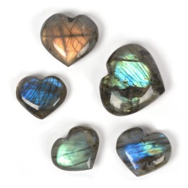 Justinstones Natural Labradorite Gemstone Healing Crystal Puffy Heart Pocket Stone Gem for Wrapping (Pack of 5) Various Sizes
