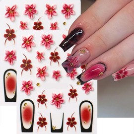 Flower Nail Art Stickers Decals 5D Embossed Dark Red Flowers Nail Stickers 2PCS Self-Adhesive Fall Nails Design Sticker French Manicure Accessories Acrylic Nail Art Supplies for Women Nail Decorations