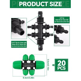 Kalolary 20PCS Locked Barbed Tee Connectors, 5/16" to 1/4" Drip Irrigation Fittings Kit 8/12mm to 4/7mm Tube Lock Female Connector 6-Way Barbed Lock Irrigation Parts for Watering System (Green)