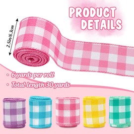 Whaline Colored Wired Edge Ribbon 30 Yards Spring Pastel Gingham Patterned Ribbon Colorful Buffalo Plaids Craft Fabric Ribbon for Gift Wreath Bow Making DIY Crafts Wrapping Supplies, 5 Rolls