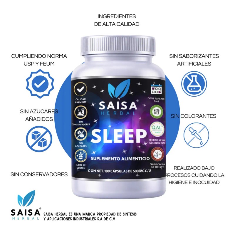 Suplemento Dormir 100 Cápsulas Sleep Saisa Herbal Melatonina Triptófano Valeriana
