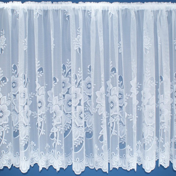 White Floral Contemporary Window Lace Net Curtain With Scalloped Bottom.