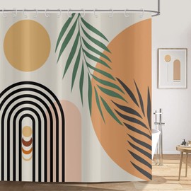 ASDCXZ Boho Shower Curtain 180 x 180 cm, Modern Abstract Art Boho Style Green Black Leaves Sun Moon Line Beige Washable Shower Curtains Textile Waterproof Shower Curtain for Bath with 12 Hooks