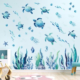 decalmile Under The Sea Seaweed Wall Decals Sea Turtle Ocean Grass Jellyfish Wall Stickers Baby Nursery Bedroom Bathroom Wall Decor