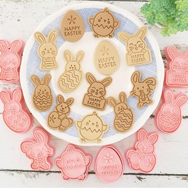 8 Pcs Easter Cookie Cutters, Cookie Cutter Plastic Cookie Stamps 3D Cookie Stamps Busicuit Mould for Easter Biscuit Snacks Cheese DIY Baking, A